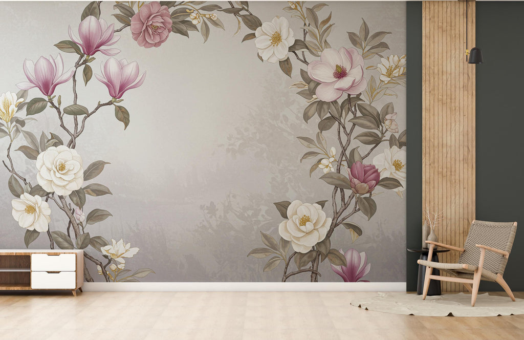 Elegant Magnolia Tree Wall Mural – Hand-Painted Watercolor Blossoms in Blush Pink & White | Romantic Floral Wallpaper 986RS