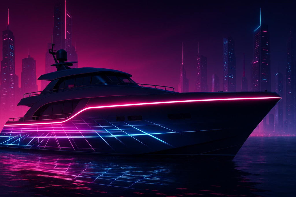 Neon Grid Horizon Boat Wrap – Futuristic Cyberpunk Vinyl Wrap – Marine Grade Boat Decal – Custom Full Side Wrap – Glow Effect Retro Wave