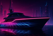 Load image into Gallery viewer, Neon Grid Horizon Boat Wrap – Futuristic Cyberpunk Vinyl Wrap – Marine Grade Boat Decal – Custom Full Side Wrap – Glow Effect Retro Wave
