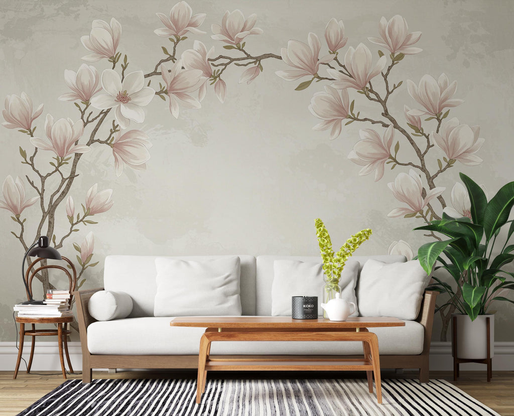 Elegant Magnolia Tree Wall Mural – Hand-Painted Watercolor Blossoms | Romantic Floral Wallpaper 988RS
