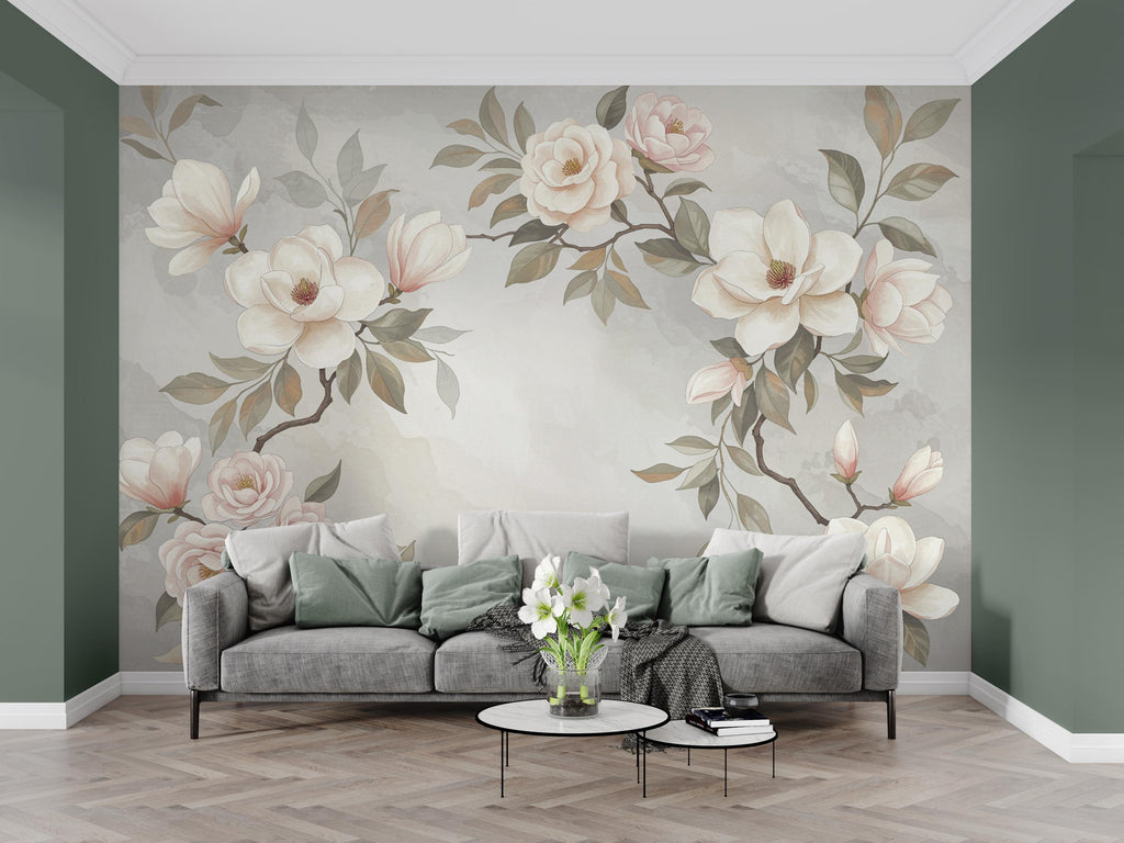 Magnolia Wallpaper Wall Mural – Hand-Painted Watercolor Blossoms | Romantic Floral Wallpaper 989RS