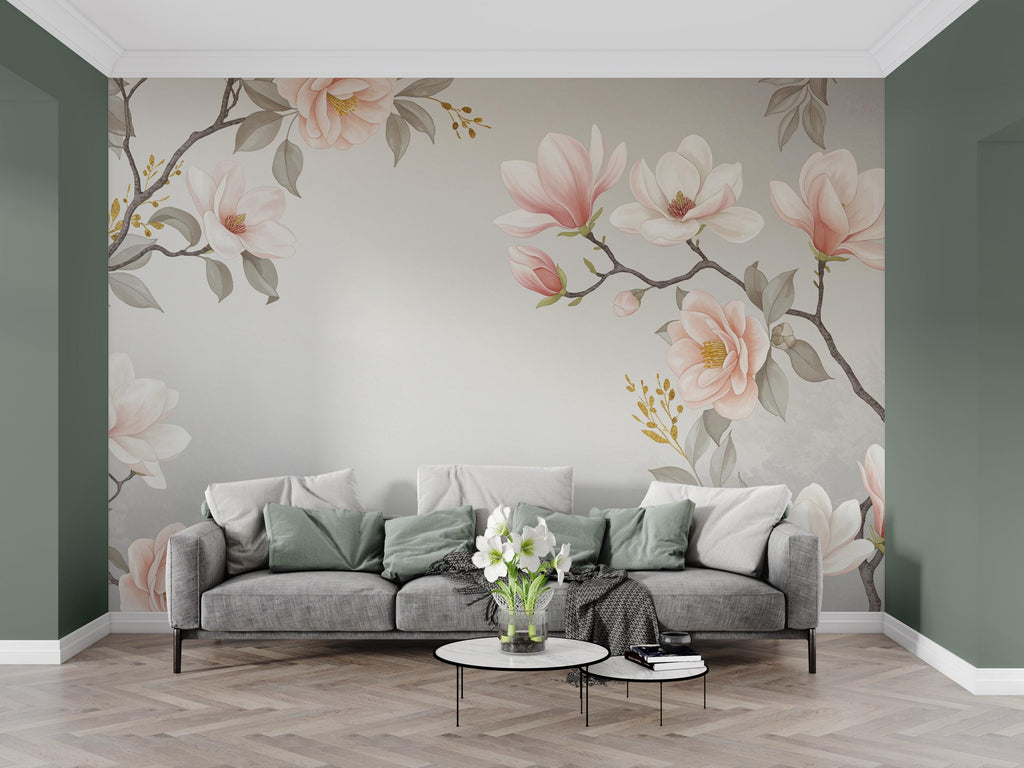 Magnolia Wallpaper Wall Mural – Hand-Painted Watercolor Blossoms | Romantic Floral Wallpaper 990RS