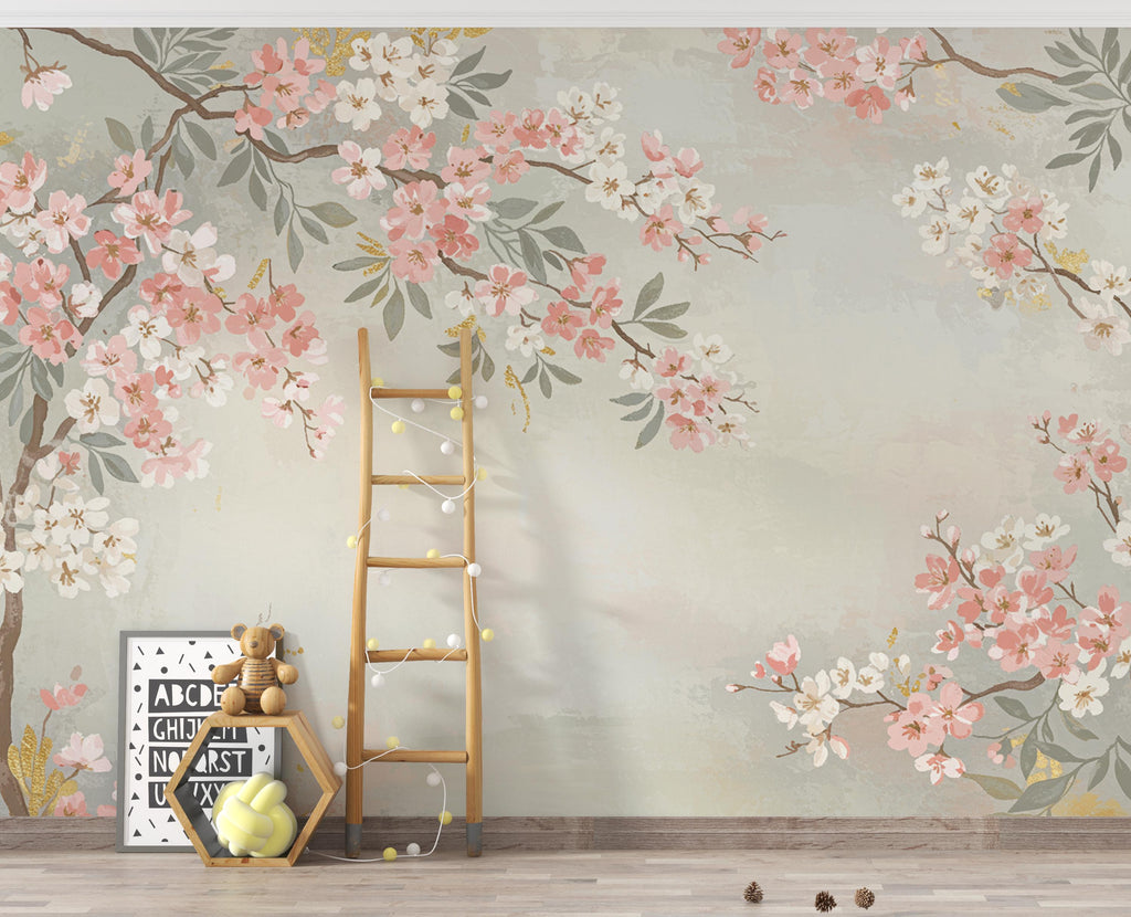 Elegant Cherry Blossom Wall Mural – Hand-Painted Watercolor | Floral Wallpaper, Japanese Sakura Tree wallpaper 991RS