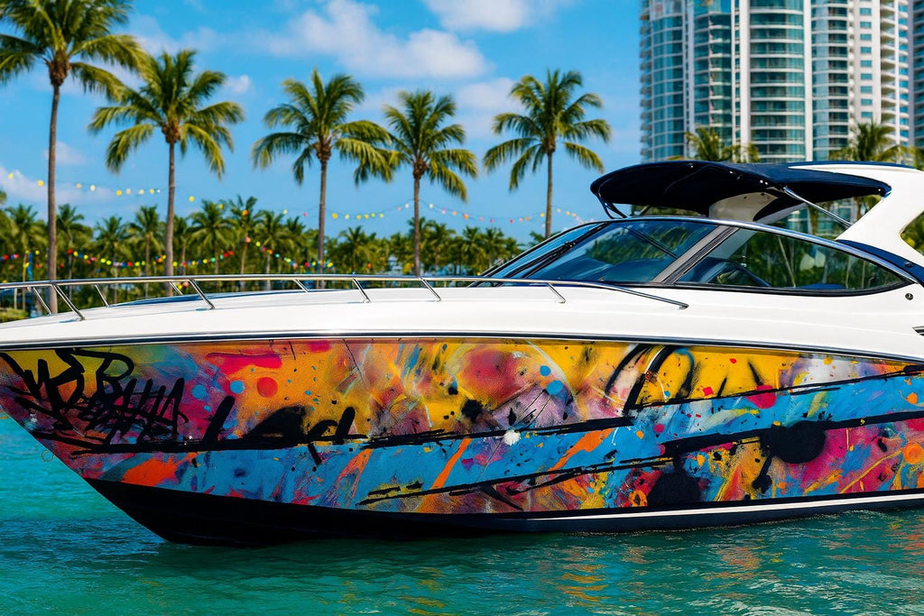 Urban Splash Graffiti Boat Wrap – Street Art Vinyl Wrap – Marine Grade Boat Decal – Custom Full Side Wrap – Colorful Abstract Art Design