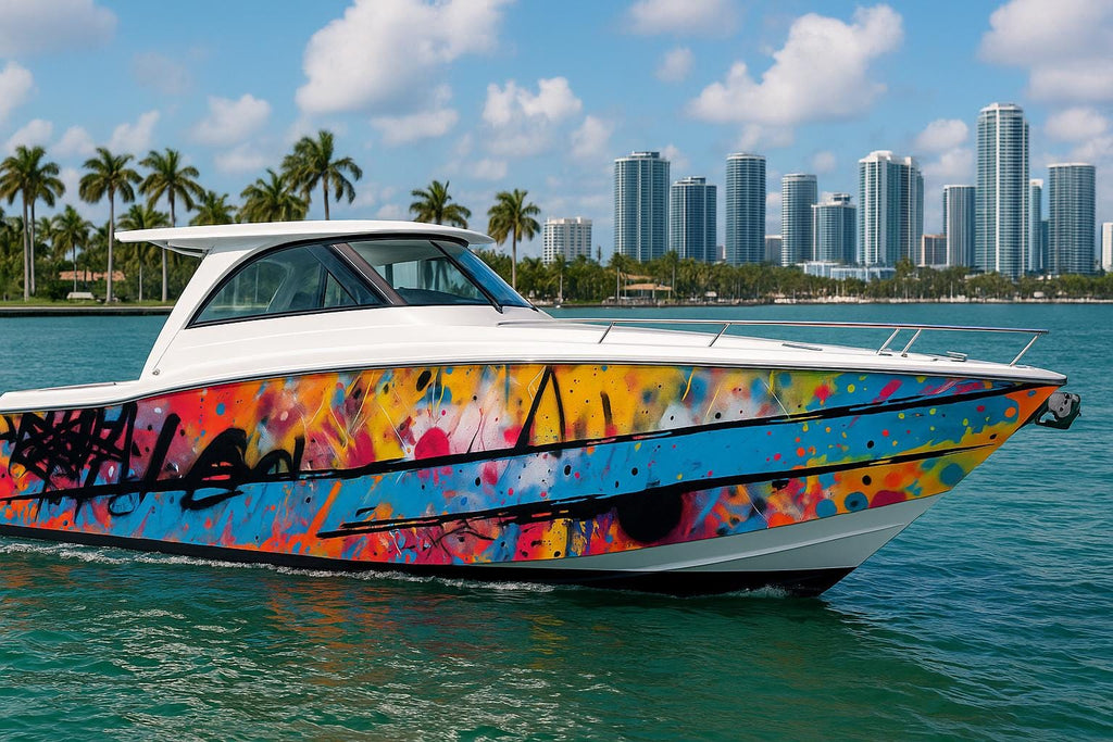 Urban Splash Graffiti Boat Wrap – Street Art Vinyl Wrap – Marine Grade Boat Decal – Custom Full Side Wrap – Colorful Abstract Art Design