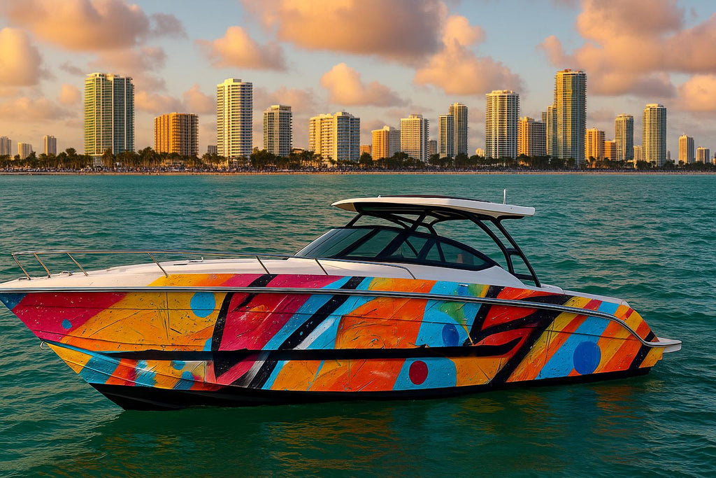 Miami Pop Abstract Boat Wrap – Colorful Geometric Vinyl Wrap – Marine Grade Boat Decal – Custom Full Side Wrap – Modern Art-Inspired Design