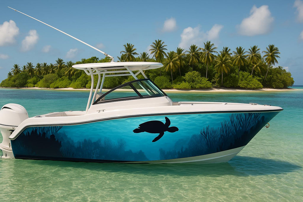 Sea Turtle Reef Boat Wrap – Ocean Marine Vinyl Wrap – Underwater Coral Reef Design – Custom Boat Decal – Full Side Wrap in Blue Gradient