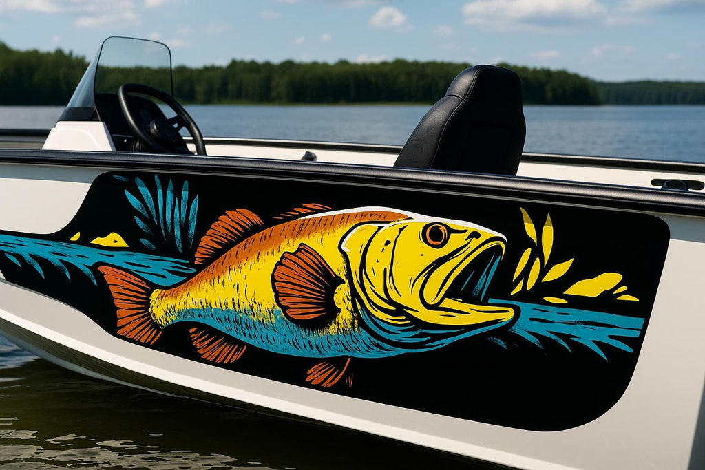 Bold Bass Boat Wrap – Vibrant Full-Color Fishing Vinyl Design for Bass Boats, Lake Boats & Sport Cruisers | Custom Marine Graphic Boat Wrap