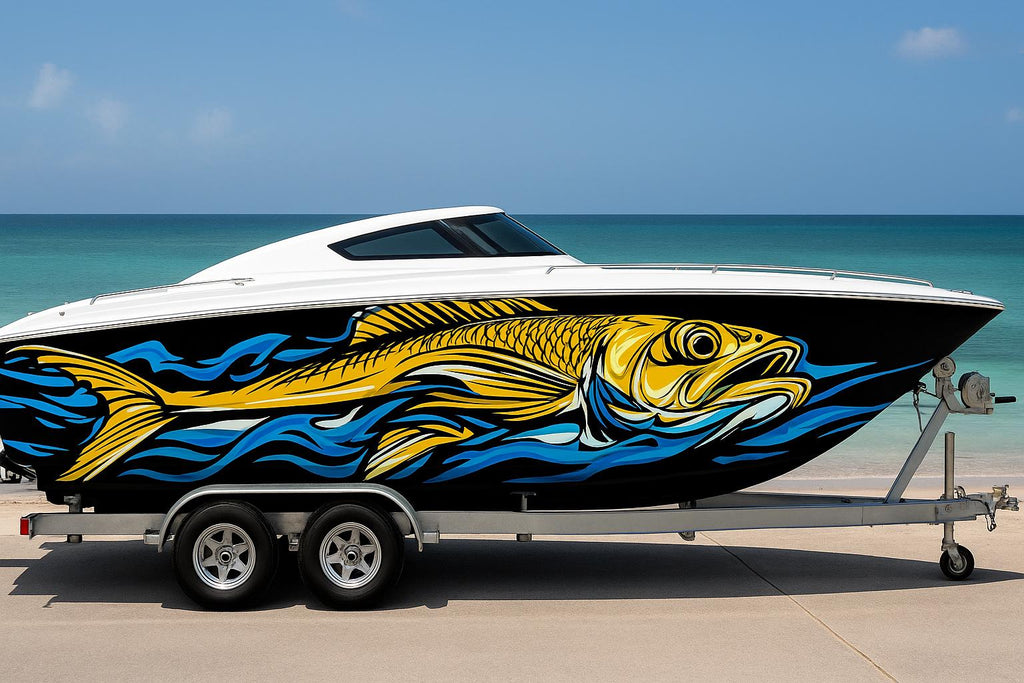 Golden Tarpon Boat Wrap – Striking Full-Color Marine Vinyl Design for Sport Boats, Fishing Boats & Offshore Cruisers | Custom Tarpon Boat