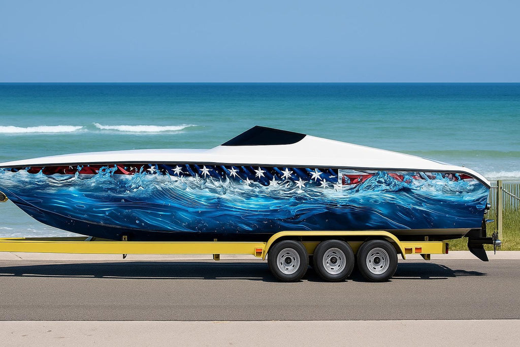 Patriotic Waves Boat Wrap – American Flag Marine Vinyl Design for Speed Boats, Cigarette Boats & Offshore Cruisers | USA Flag Boat Wrap
