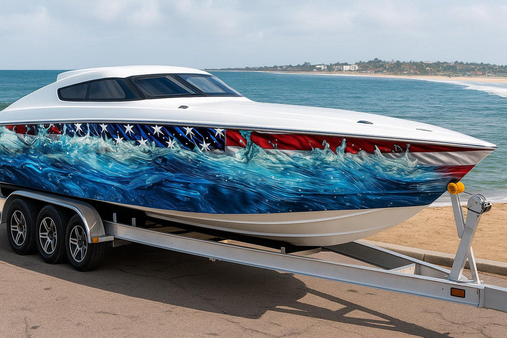 Patriotic Waves Boat Wrap – American Flag Marine Vinyl Design for Speed Boats, Cigarette Boats & Offshore Cruisers | USA Flag Boat Wrap