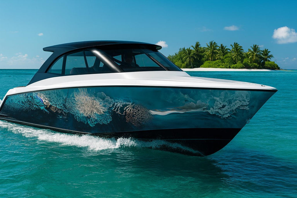 Coral Depths Boat Wrap – Realistic Underwater Reef Vinyl Wrap – Marine Grade Boat Decal – Custom Full Side Wrap – Ocean Coral Design Blue