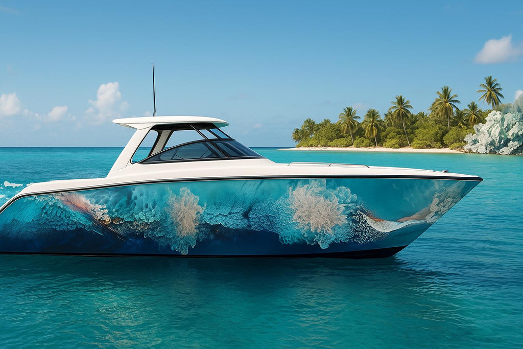 Coral Depths Boat Wrap – Realistic Underwater Reef Vinyl Wrap – Marine Grade Boat Decal – Custom Full Side Wrap – Ocean Coral Design Blue