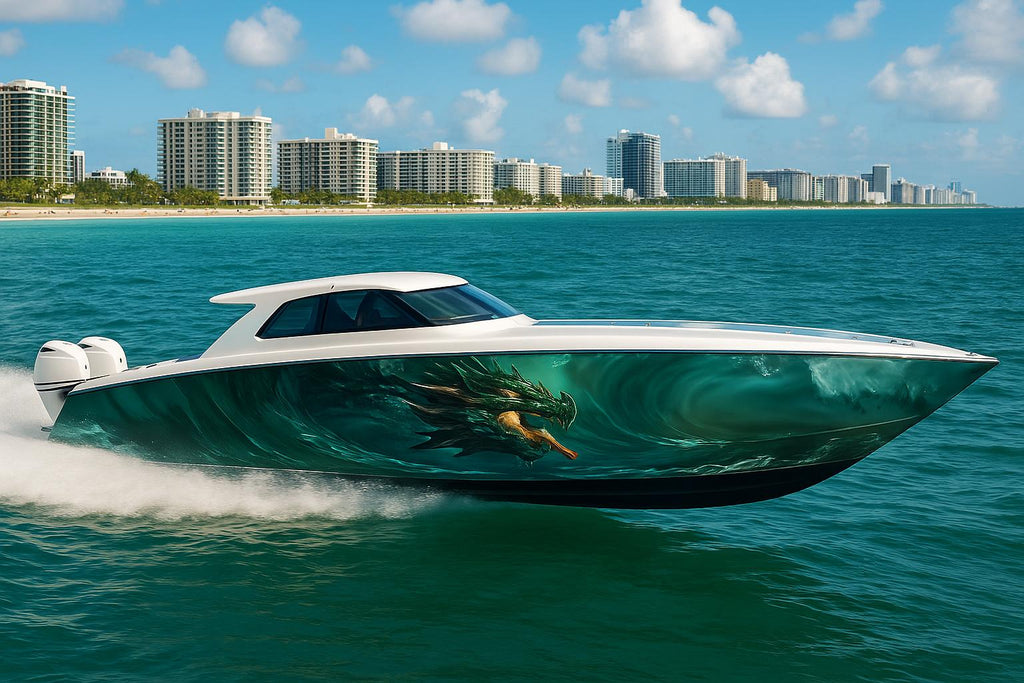 Emerald Sea Dragon Boat Wrap – Green Ocean Dragon Vinyl Wrap – Marine Grade Full Side Decal – Mythic Sea Creature Design – Custom High-Gloss