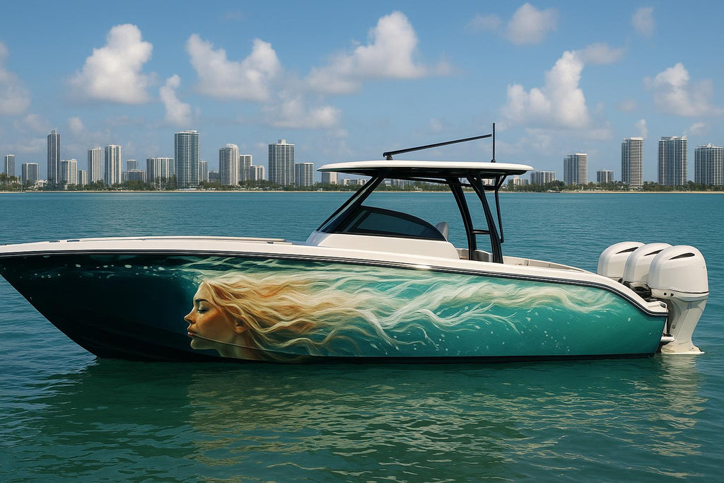 Ocean Goddess Boat Wrap – Aqua Blonde Mermaid Vinyl Wrap – Marine Grade Full Side Boat Decal – Fantasy Ocean Art Design – Custom High-Gloss
