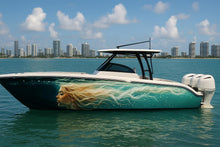 Load image into Gallery viewer, Ocean Goddess Boat Wrap – Aqua Blonde Mermaid Vinyl Wrap – Marine Grade Full Side Boat Decal – Fantasy Ocean Art Design – Custom High-Gloss