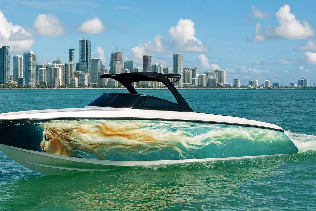Ocean Goddess Boat Wrap – Aqua Blonde Mermaid Vinyl Wrap – Marine Grade Full Side Boat Decal – Fantasy Ocean Art Design – Custom High-Gloss