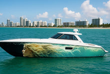 Load image into Gallery viewer, Ocean Goddess Boat Wrap – Aqua Blonde Mermaid Vinyl Wrap – Marine Grade Full Side Boat Decal – Fantasy Ocean Art Design – Custom High-Gloss