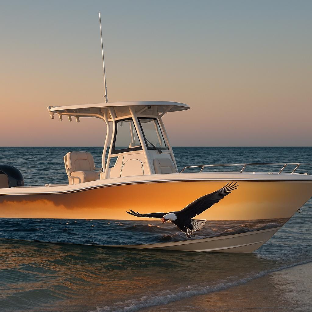 Golden Eagle Boat Wrap – Patriotic Bald Eagle Marine Vinyl for Fishing Boats, Speed Boats & Offshore Cruisers | American Boat Wrap