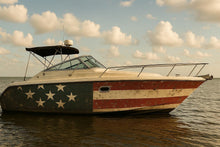 Load image into Gallery viewer, Distressed American Flag Boat Wrap – Patriotic Vintage USA Marine Vinyl for Fishing Boats, Speed Boats &amp; Cruisers | Rustic Flag Boat Wrap