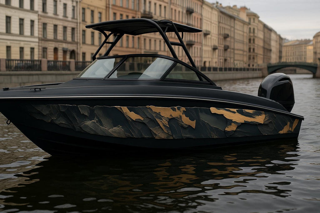 Urban Camo Gold Boat Wrap – Luxury Metallic Marine Vinyl for Speed Boats & Cruisers | Abstract Gold Camo Boat Wrap | Designer Boat Graphics