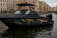 Load image into Gallery viewer, Urban Camo Gold Boat Wrap – Luxury Metallic Marine Vinyl for Speed Boats &amp; Cruisers | Abstract Gold Camo Boat Wrap | Designer Boat Graphics