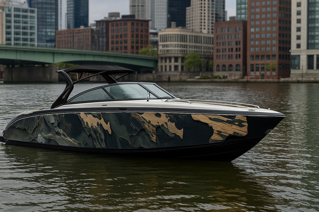 Urban Camo Gold Boat Wrap – Luxury Metallic Marine Vinyl for Speed Boats & Cruisers | Abstract Gold Camo Boat Wrap | Designer Boat Graphics