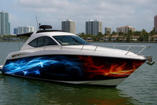 Load image into Gallery viewer, Fire And Ice Patriotic Boat Wrap – Red &amp; Blue Flame Marine Vinyl for Speed Boats, Cruisers And Powerboats | Custom American Boat Graphics