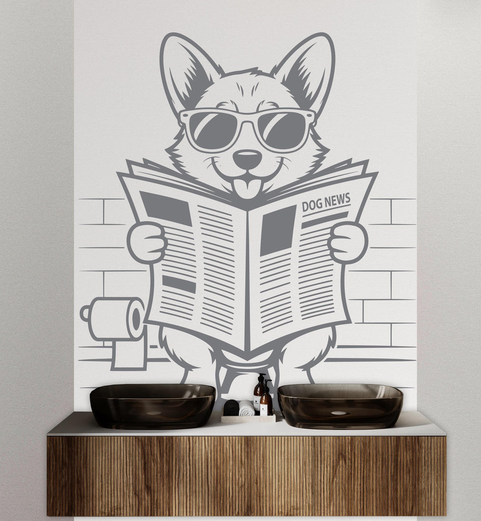 Corgi reading newspaper wall decal Bathroom Dog decor Dog wall art Decal Dog Lover Animals Dog Bathroom Wall Decals Stickers 157DE
