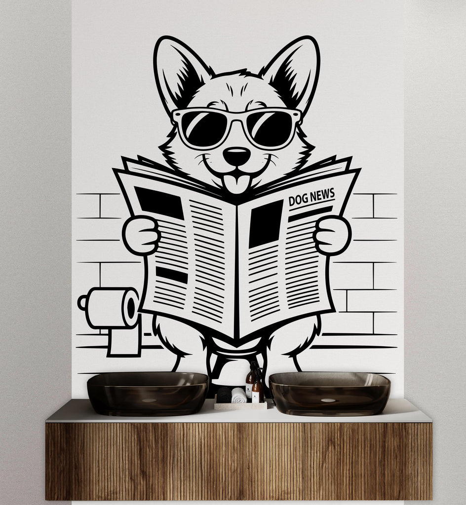 Corgi reading newspaper wall decal Bathroom Dog decor Dog wall art Decal Dog Lover Animals Dog Bathroom Wall Decals Stickers 157DE