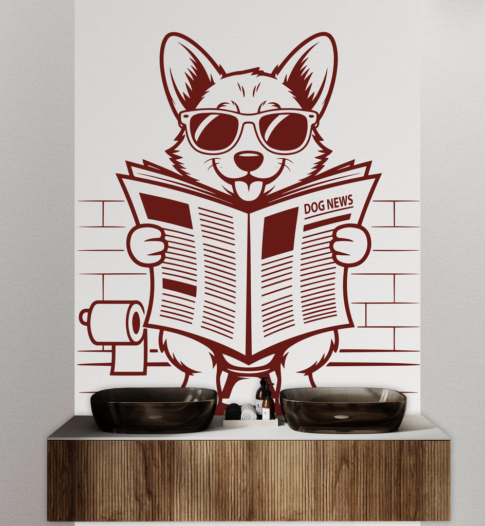 Corgi reading newspaper wall decal Bathroom Dog decor Dog wall art Decal Dog Lover Animals Dog Bathroom Wall Decals Stickers 157DE