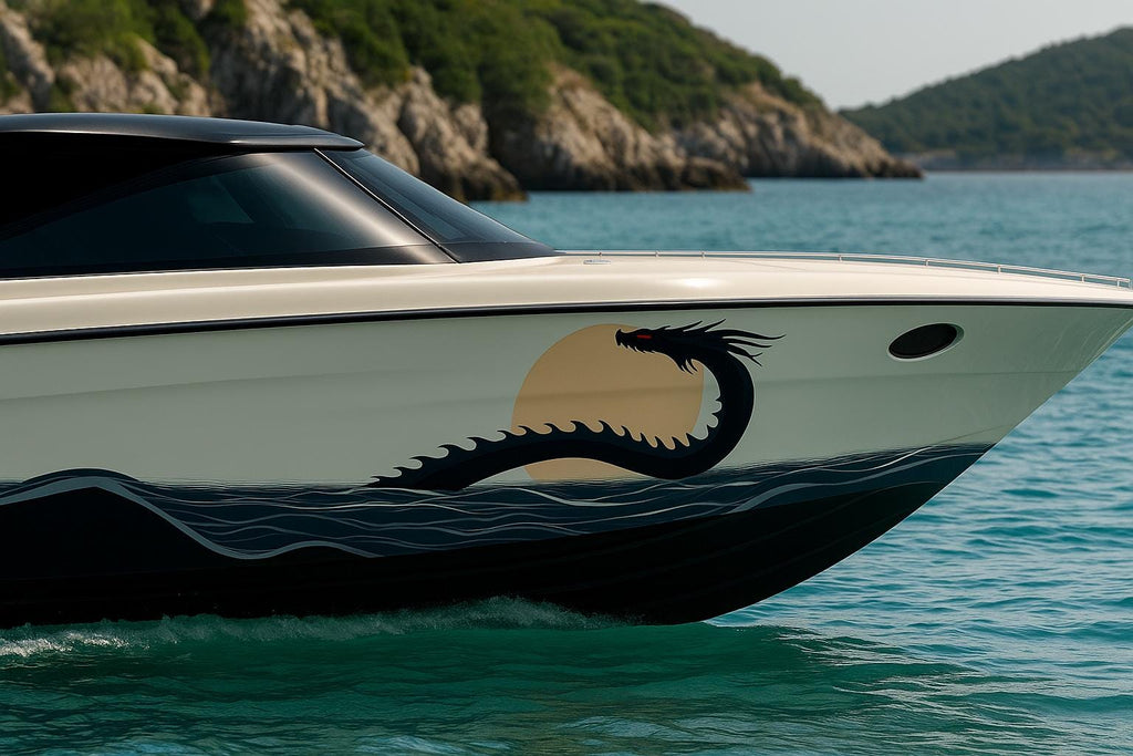 Sea Serpent Sunset Boat Wrap – Nautical Dragon Marine Vinyl for Sport Boats, Cruisers & Offshore Fishing | Ocean Wave Graphic Wrap Design