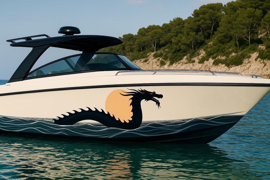 Sea Serpent Sunset Boat Wrap – Nautical Dragon Marine Vinyl for Sport Boats, Cruisers & Offshore Fishing | Ocean Wave Graphic Wrap Design