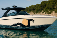 Load image into Gallery viewer, Sea Serpent Sunset Boat Wrap – Nautical Dragon Marine Vinyl for Sport Boats, Cruisers &amp; Offshore Fishing | Ocean Wave Graphic Wrap Design