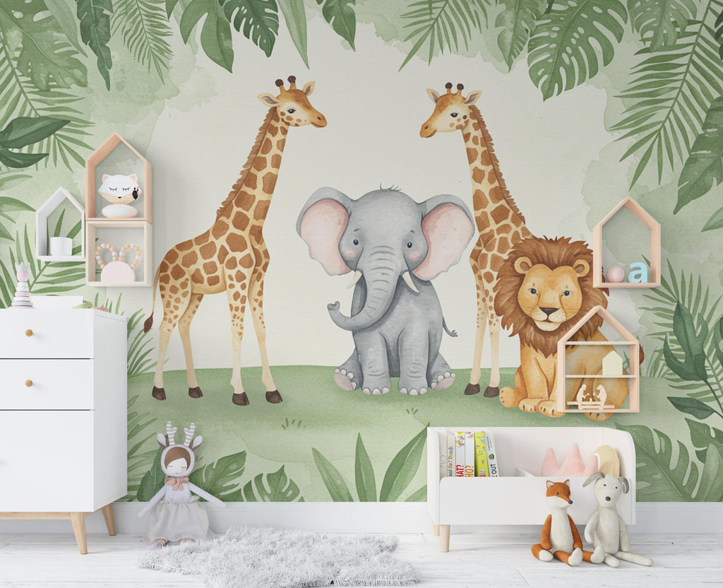 Safari Animals Wallpaper Lion Peel and Stick Safari Giraffe room Wallpaper Nursery Self Adhesive Elephant Animal nursery decor Mural 972RS