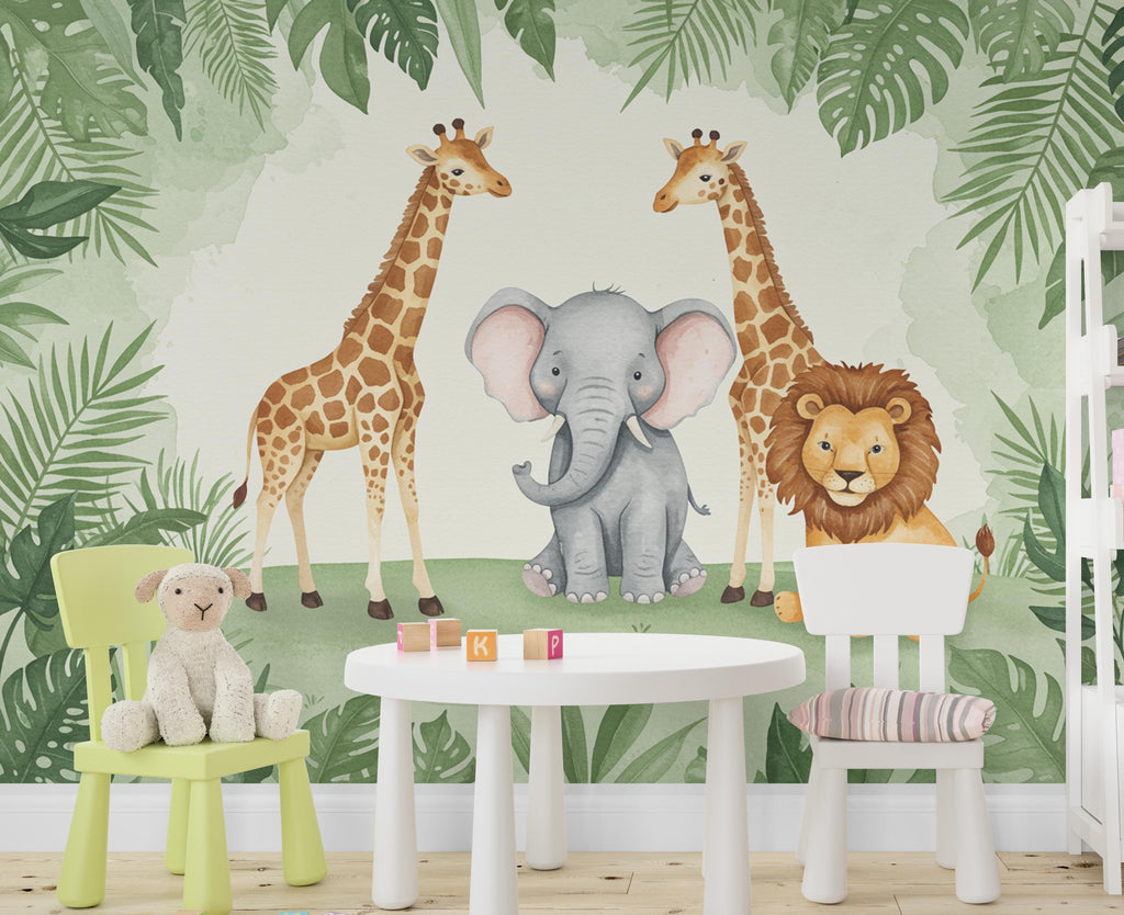 Safari Animals Wallpaper Lion Peel and Stick Safari Giraffe room Wallpaper Nursery Self Adhesive Elephant Animal nursery decor Mural 972RS
