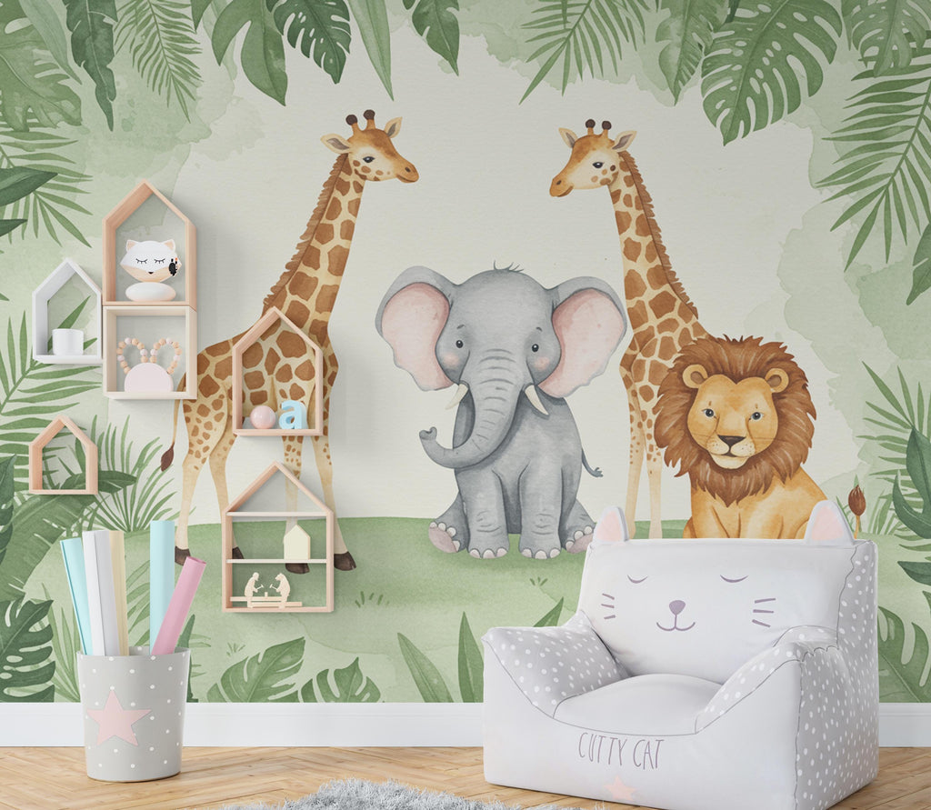 Safari Animals Wallpaper Lion Peel and Stick Safari Giraffe room Wallpaper Nursery Self Adhesive Elephant Animal nursery decor Mural 972RS