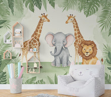 Load image into Gallery viewer, Safari Animals Wallpaper Lion Peel and Stick Safari Giraffe room Wallpaper Nursery Self Adhesive Elephant Animal nursery decor Mural 972RS