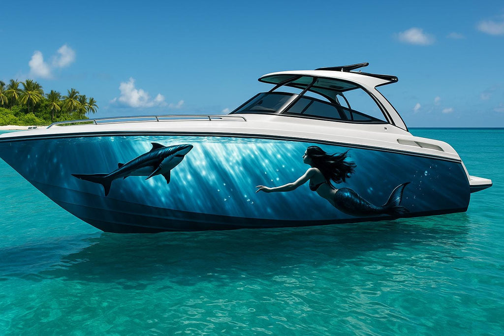 Shark and Mermaid Boat Wrap – Underwater Diver & Shark Ocean Scene Marine Vinyl | Realistic Ocean Graphic for Offshore Boats