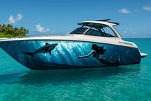 Load image into Gallery viewer, Shark and Mermaid Boat Wrap – Underwater Diver &amp; Shark Ocean Scene Marine Vinyl | Realistic Ocean Graphic for Offshore Boats