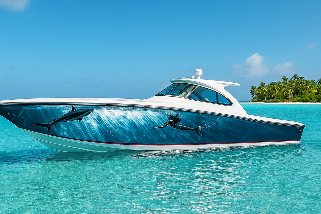 Shark and Mermaid Boat Wrap – Underwater Diver & Shark Ocean Scene Marine Vinyl | Realistic Ocean Graphic for Offshore Boats