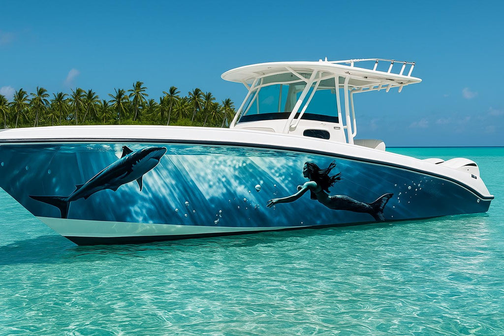Shark and Mermaid Boat Wrap – Underwater Diver & Shark Ocean Scene Marine Vinyl | Realistic Ocean Graphic for Offshore Boats
