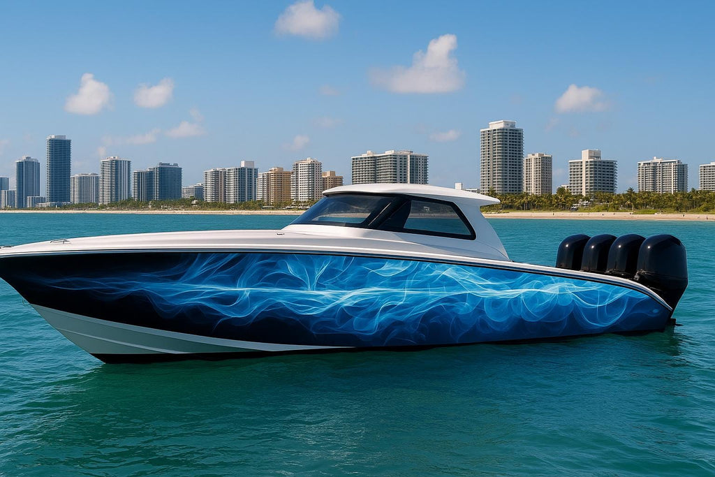 Blue Inferno Boat Wrap – Ocean Wave Vinyl Wrap – Marine Grade Full Side Boat Decal – Electric Blue Smoke Design – Custom Glossy Marine