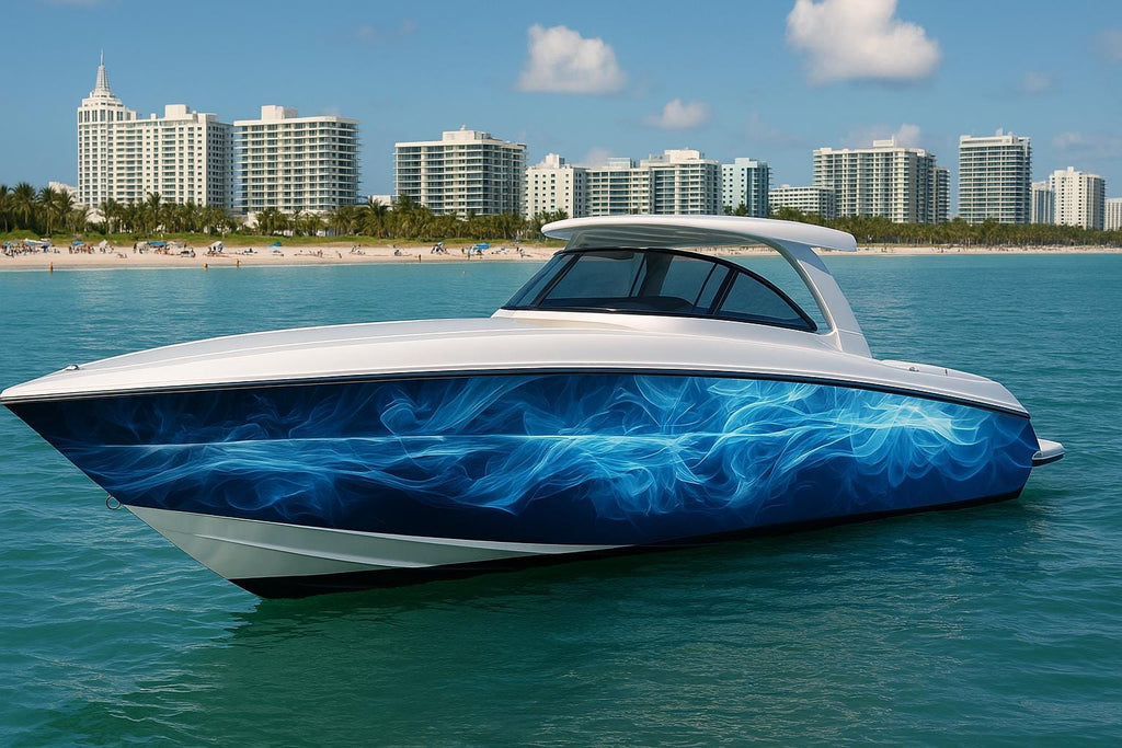 Blue Inferno Boat Wrap – Ocean Wave Vinyl Wrap – Marine Grade Full Side Boat Decal – Electric Blue Smoke Design – Custom Glossy Marine