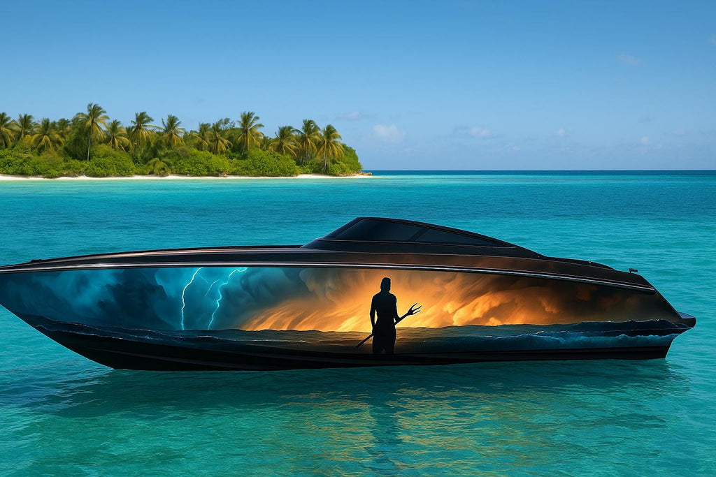 Poseidon’s Wrath Boat Wrap – Mythic Ocean God Storm Scene Marine Vinyl | Lightning Sky & Deep Sea Design for Sport Boats