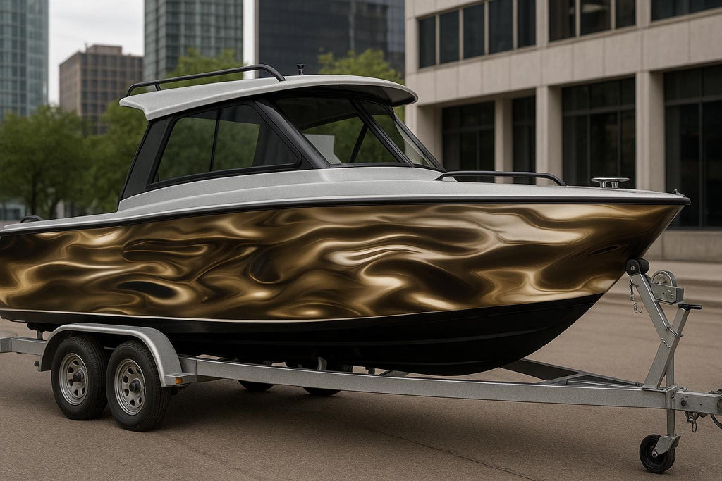 Molten Gold Boat Wrap – Luxury Metallic Fluid Design Marine Vinyl | Reflective Gold Wave Texture for Sport Boats, Cruisers & Yachts