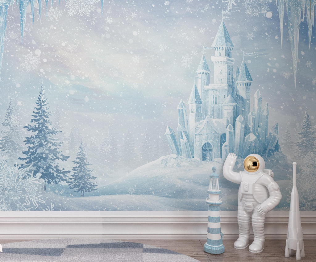 Frozen Ice Castle Wallpaper | Watercolor Winter Wonderland Wall Mural | Crystal Snow Palace Kids Room Decor | Magical Fairytale Art 161DE
