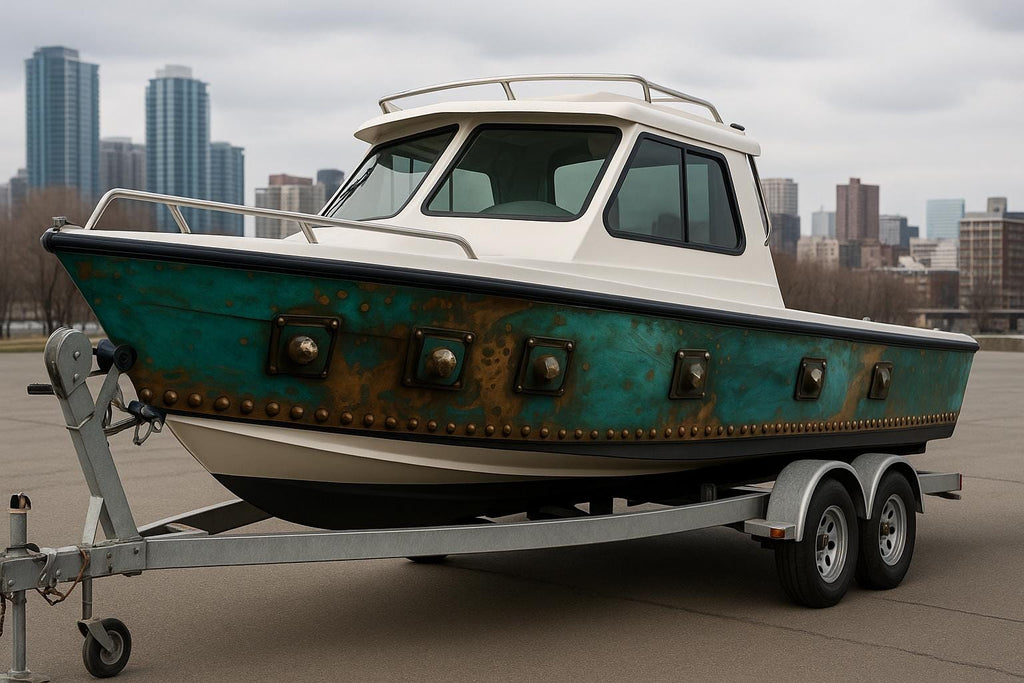 Steampunk Patina Boat Wrap – Vintage Copper & Teal Marine Vinyl | Industrial Rivet Texture Wrap for Boats, Yachts, Fishing Vessels