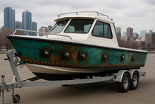 Load image into Gallery viewer, Steampunk Patina Boat Wrap – Vintage Copper &amp; Teal Marine Vinyl | Industrial Rivet Texture Wrap for Boats, Yachts, Fishing Vessels
