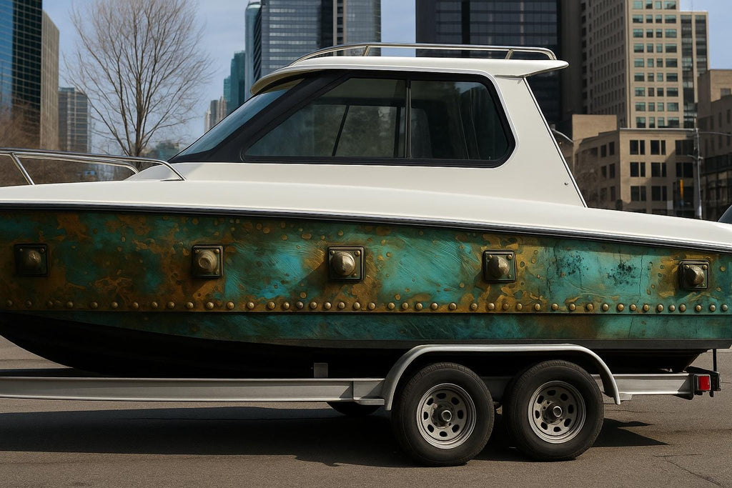 Steampunk Patina Boat Wrap – Vintage Copper & Teal Marine Vinyl | Industrial Rivet Texture Wrap for Boats, Yachts, Fishing Vessels